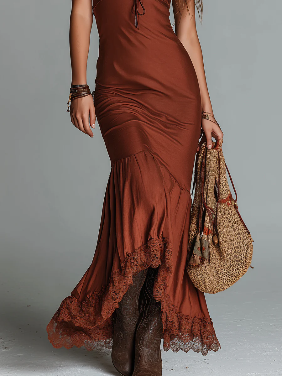 Boho Lace-Trimmed Slim-Fit Tencel Maxi Dress - Image 3