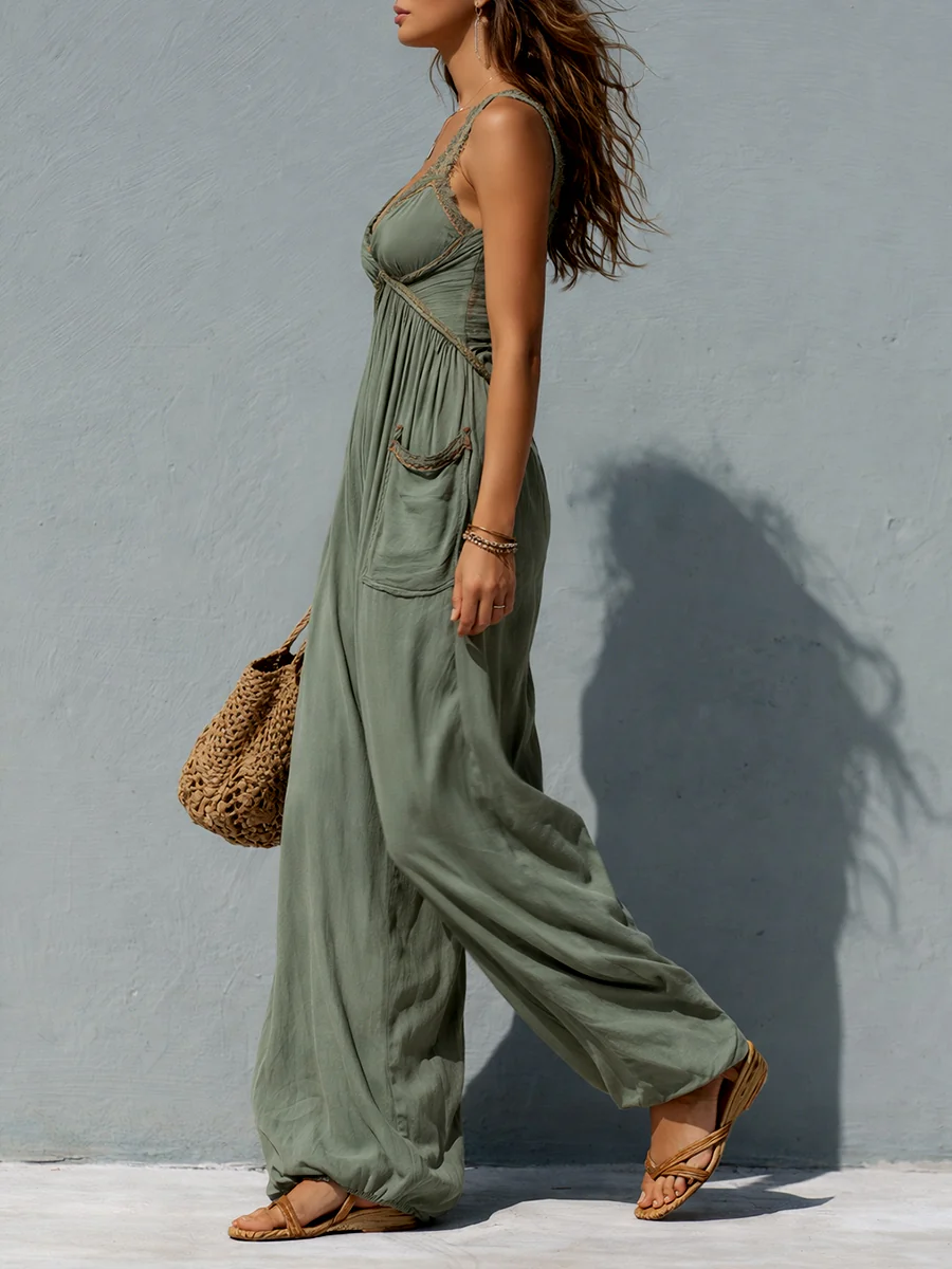 Boho Lace-Trimmed Wide-Leg Jumpsuit With Patch Pockets - Image 2