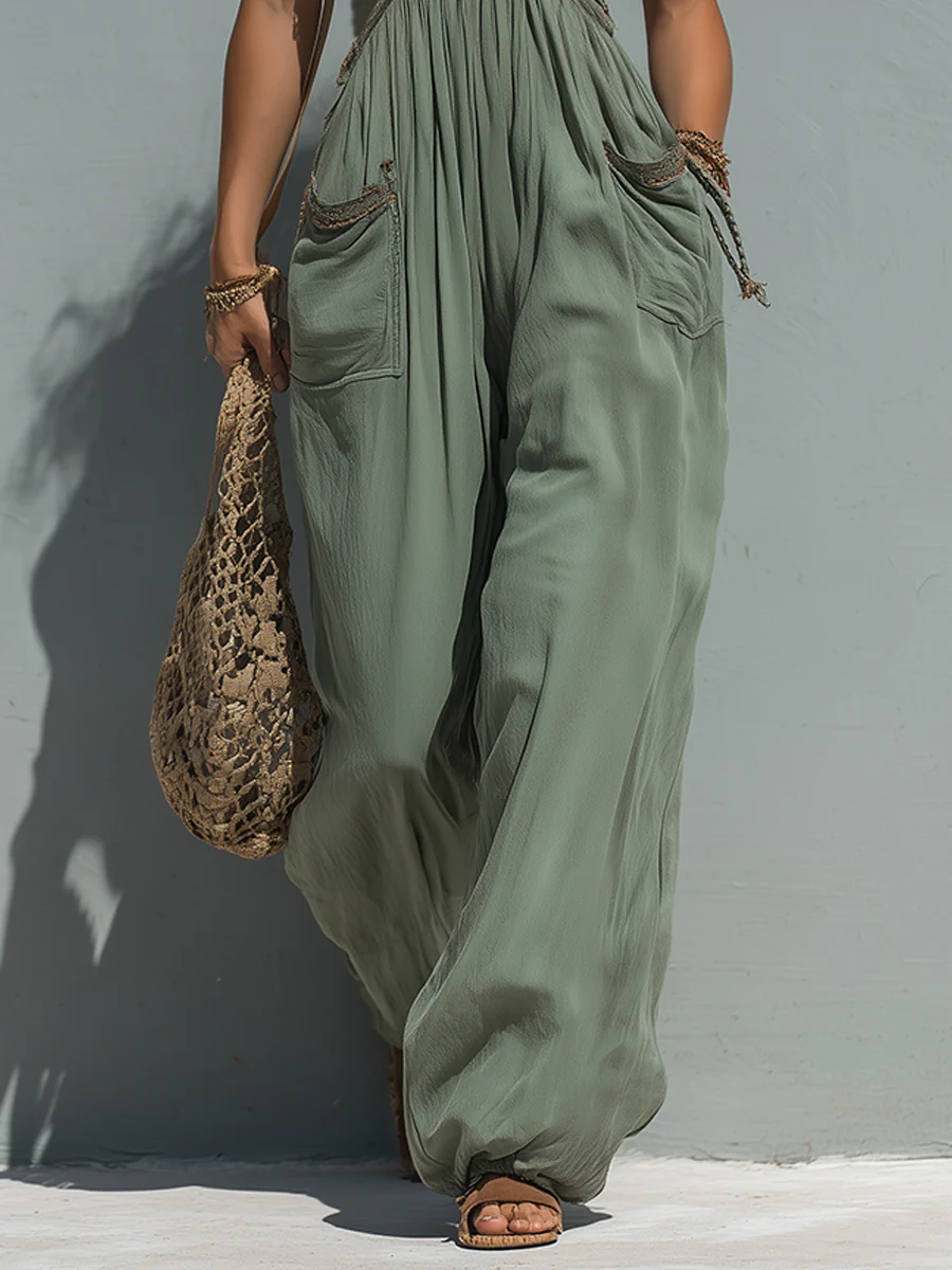 Boho Lace-Trimmed Wide-Leg Jumpsuit With Patch Pockets - Image 5