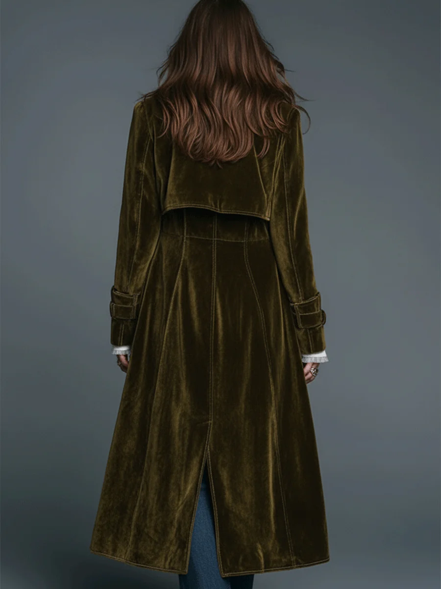 Boho Luxe Olive Velvet Leopard Lapel Long Coat - Image 3