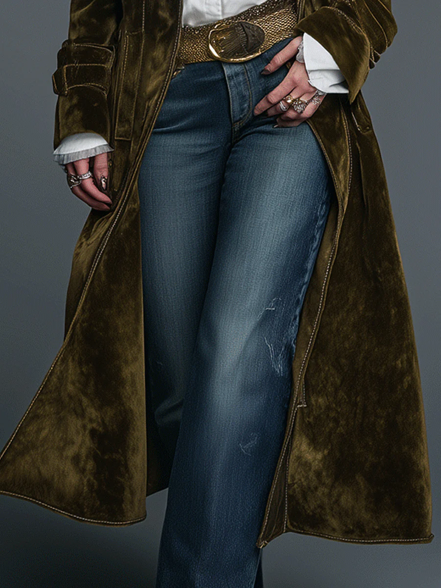 Boho Luxe Olive Velvet Leopard Lapel Long Coat - Image 4