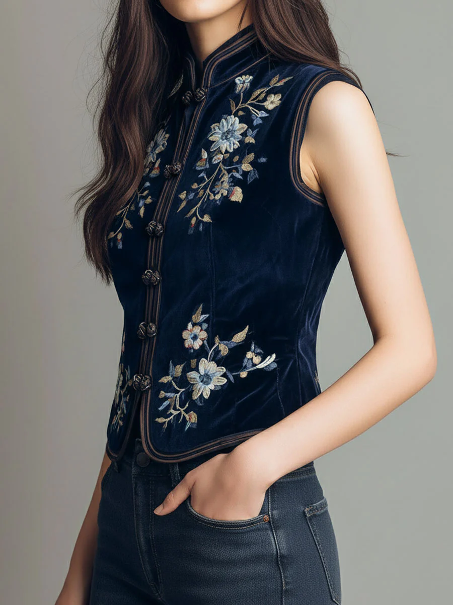Boho Mandarin Collar Navy Velvet Embroidered Vest - Image 3