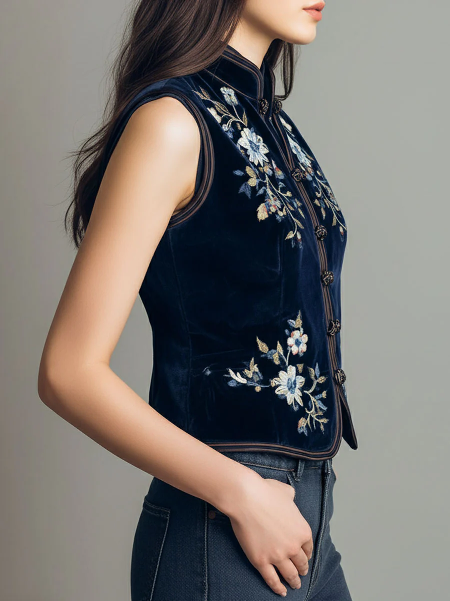 Boho Mandarin Collar Navy Velvet Embroidered Vest - Image 4