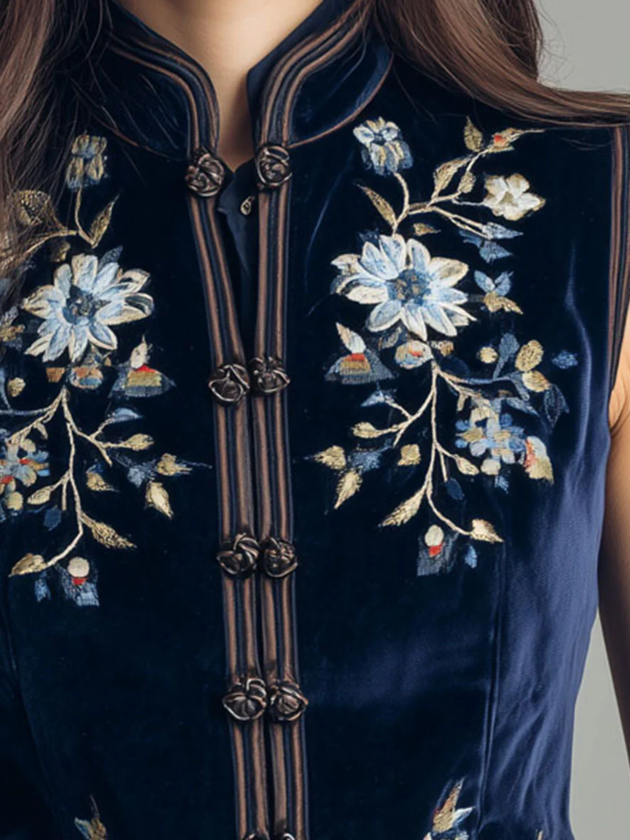Boho Mandarin Collar Navy Velvet Embroidered Vest - Image 7
