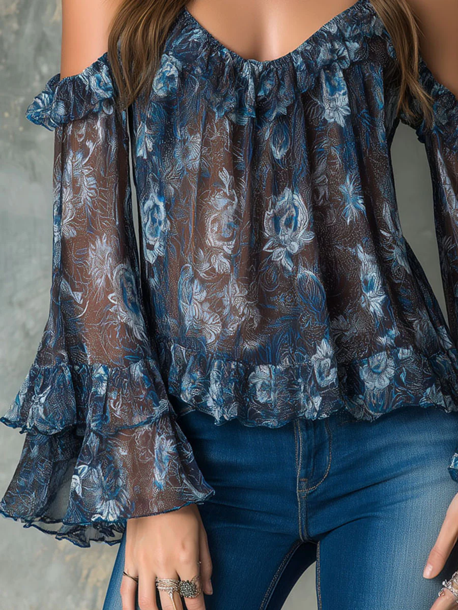 Boho Midnight Blue Ruffled Sheer Floral Off-Shoulder Blouse - Image 8