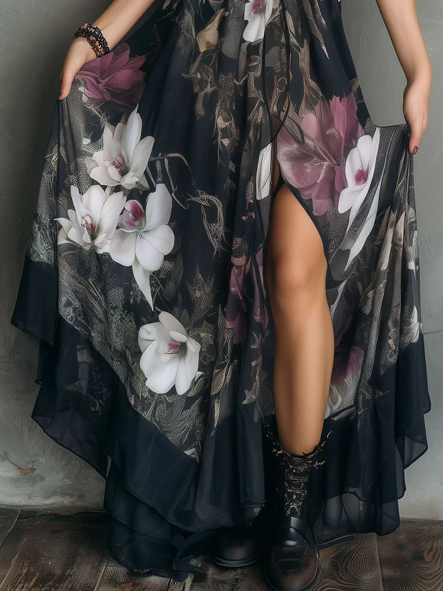 Boho Midnight Orchid Floral Chiffon Halter Maxi Dress - Image 3