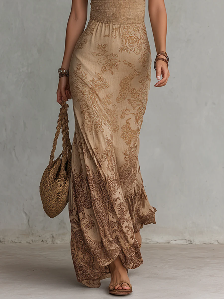 Boho Paisley Ombré Print Shirred-Waist Maxi Dress - Image 3