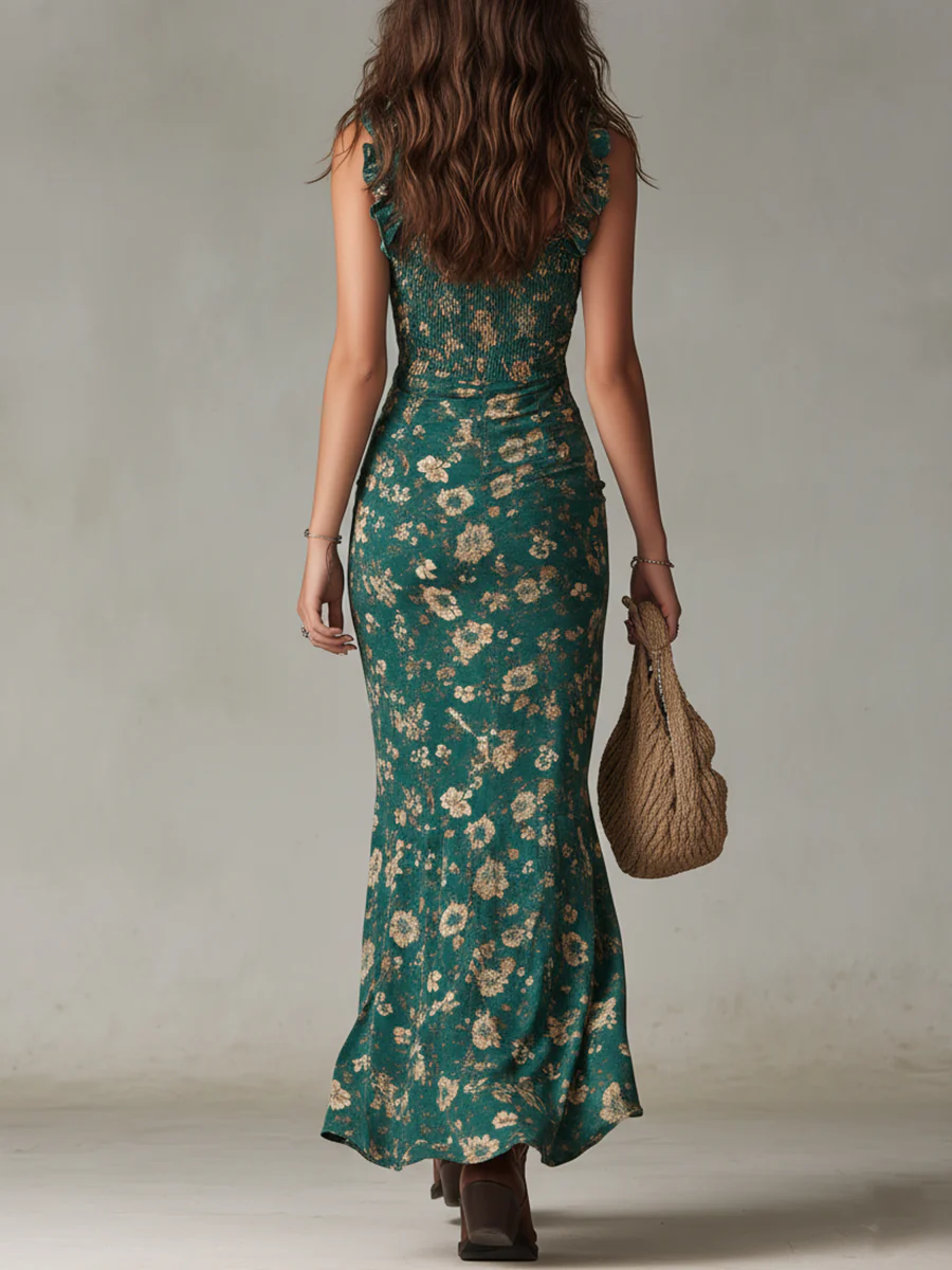 Boho Retro Ruffled Sleeves High Slit Maxi Dress - Image 3