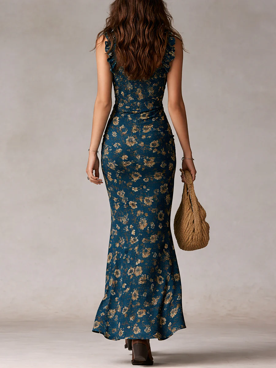 Boho Retro Ruffled Sleeves High Slit Maxi Dress - Image 5