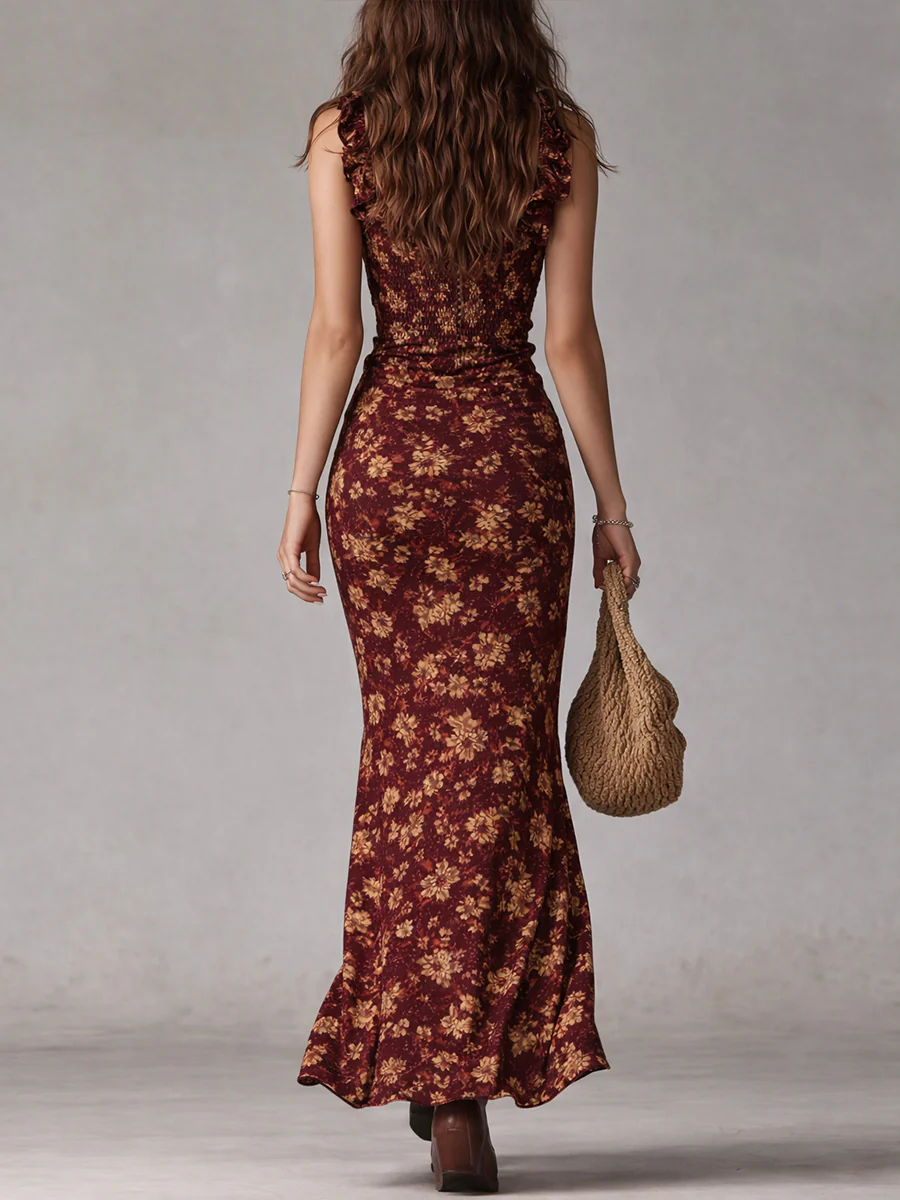 Boho Retro Ruffled Sleeves High Slit Maxi Dress - Image 7