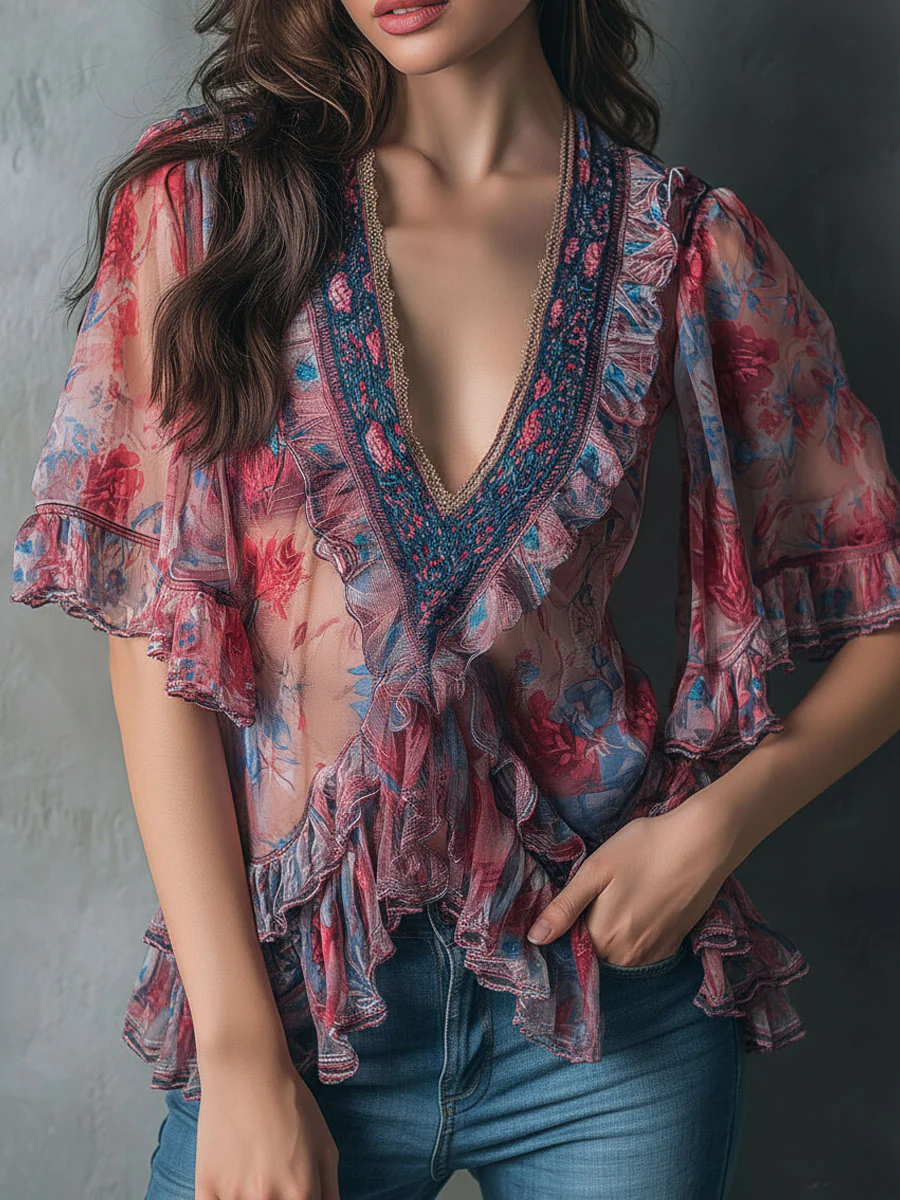 Boho Romantic V-Neck Sheer Floral Print Ruffle Blouse - Image 3