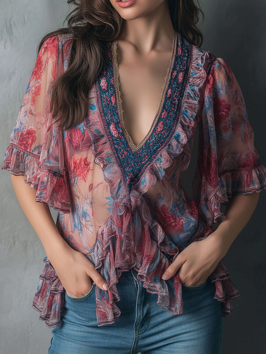 Boho Romantic V-Neck Sheer Floral Print Ruffle Blouse - Image 4