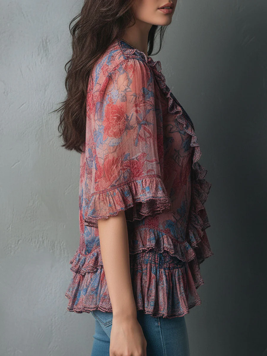 Boho Romantic V-Neck Sheer Floral Print Ruffle Blouse - Image 6