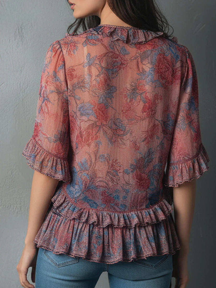 Boho Romantic V-Neck Sheer Floral Print Ruffle Blouse - Image 7