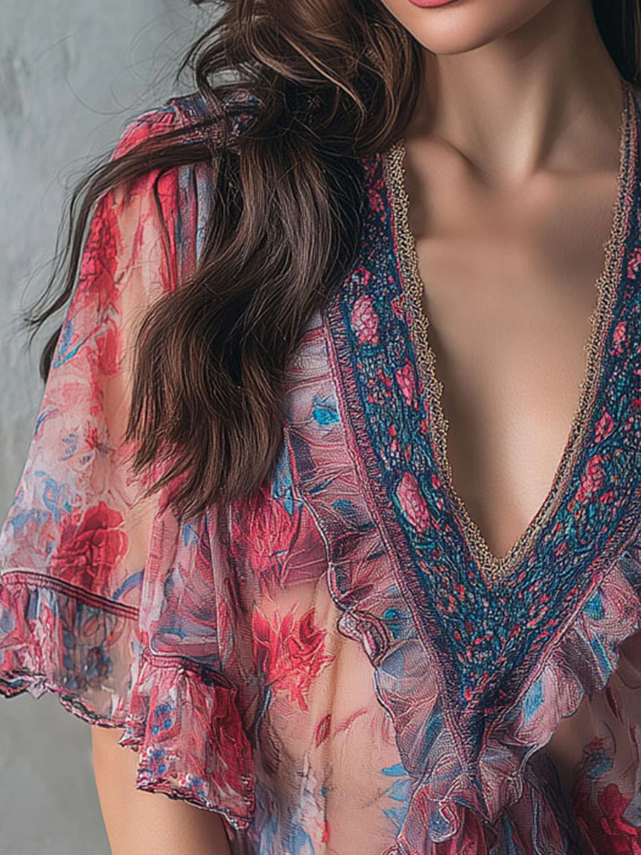 Boho Romantic V-Neck Sheer Floral Print Ruffle Blouse - Image 8