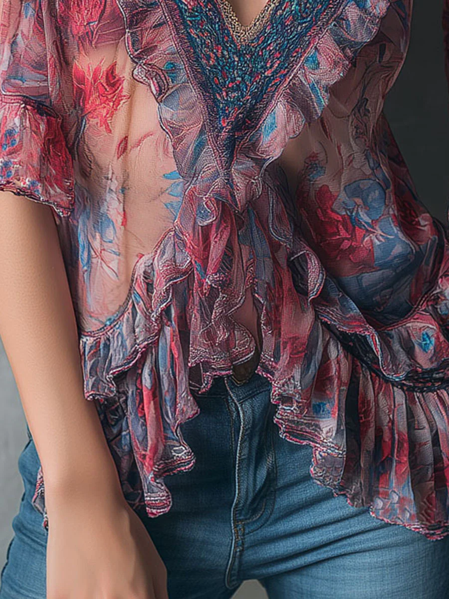 Boho Romantic V-Neck Sheer Floral Print Ruffle Blouse - Image 9