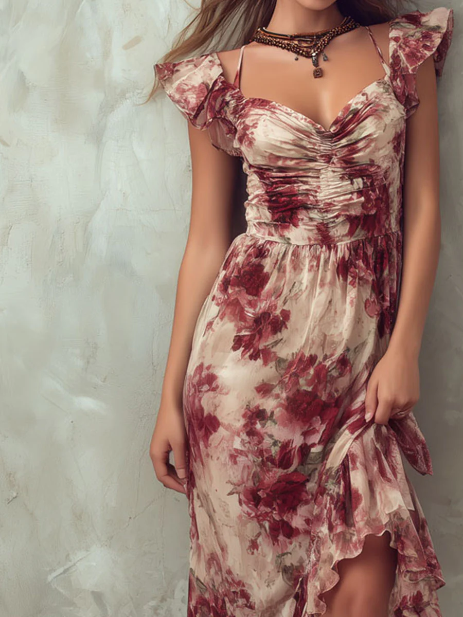 Boho Ruffled Floral Asymmetrical Hem Midi Dress - Image 2