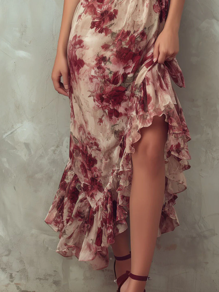Boho Ruffled Floral Asymmetrical Hem Midi Dress - Image 3