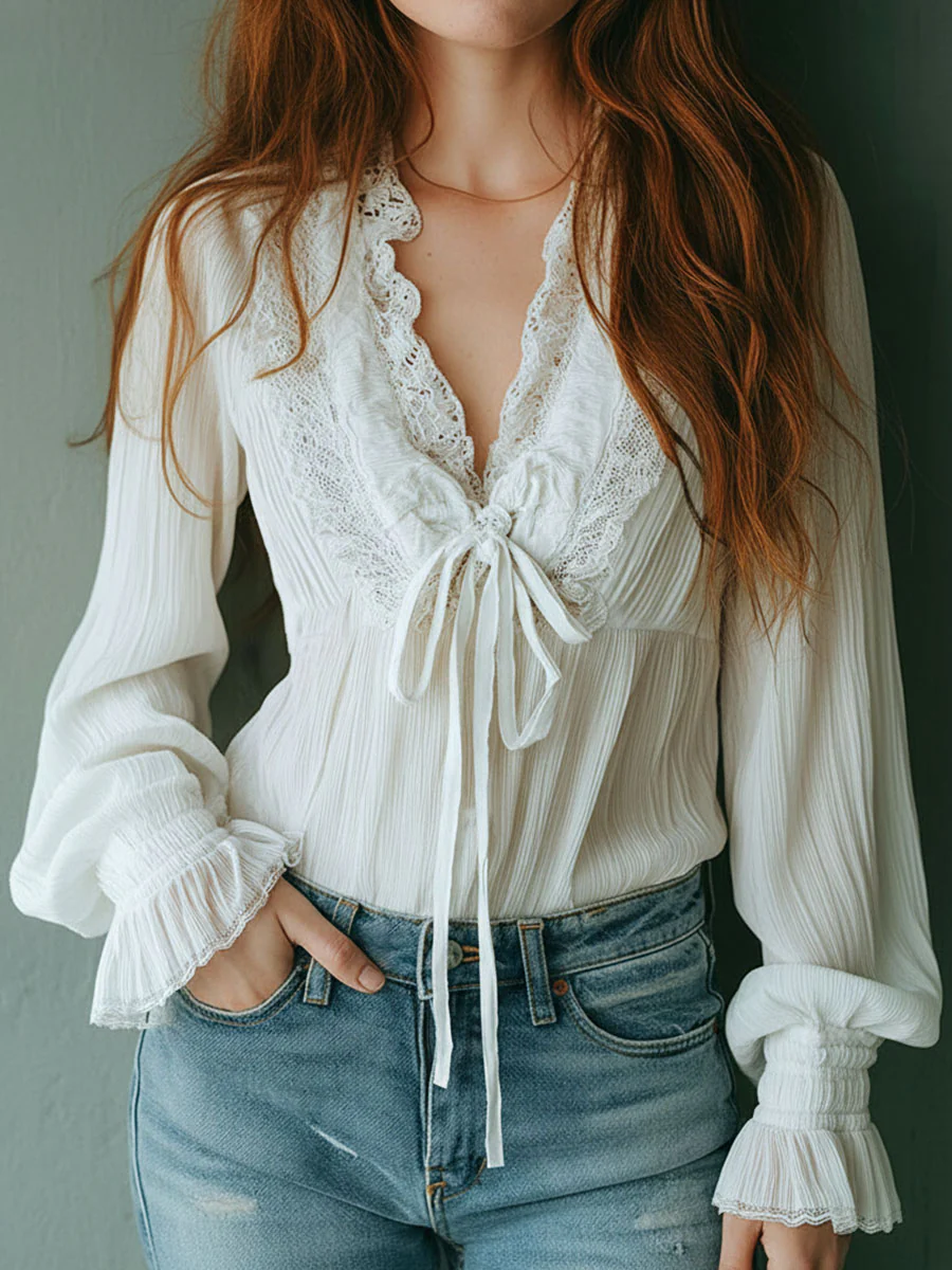 Boho Ruffled V-Neck White Pleated Lace Tie-Front Blouse - Image 2