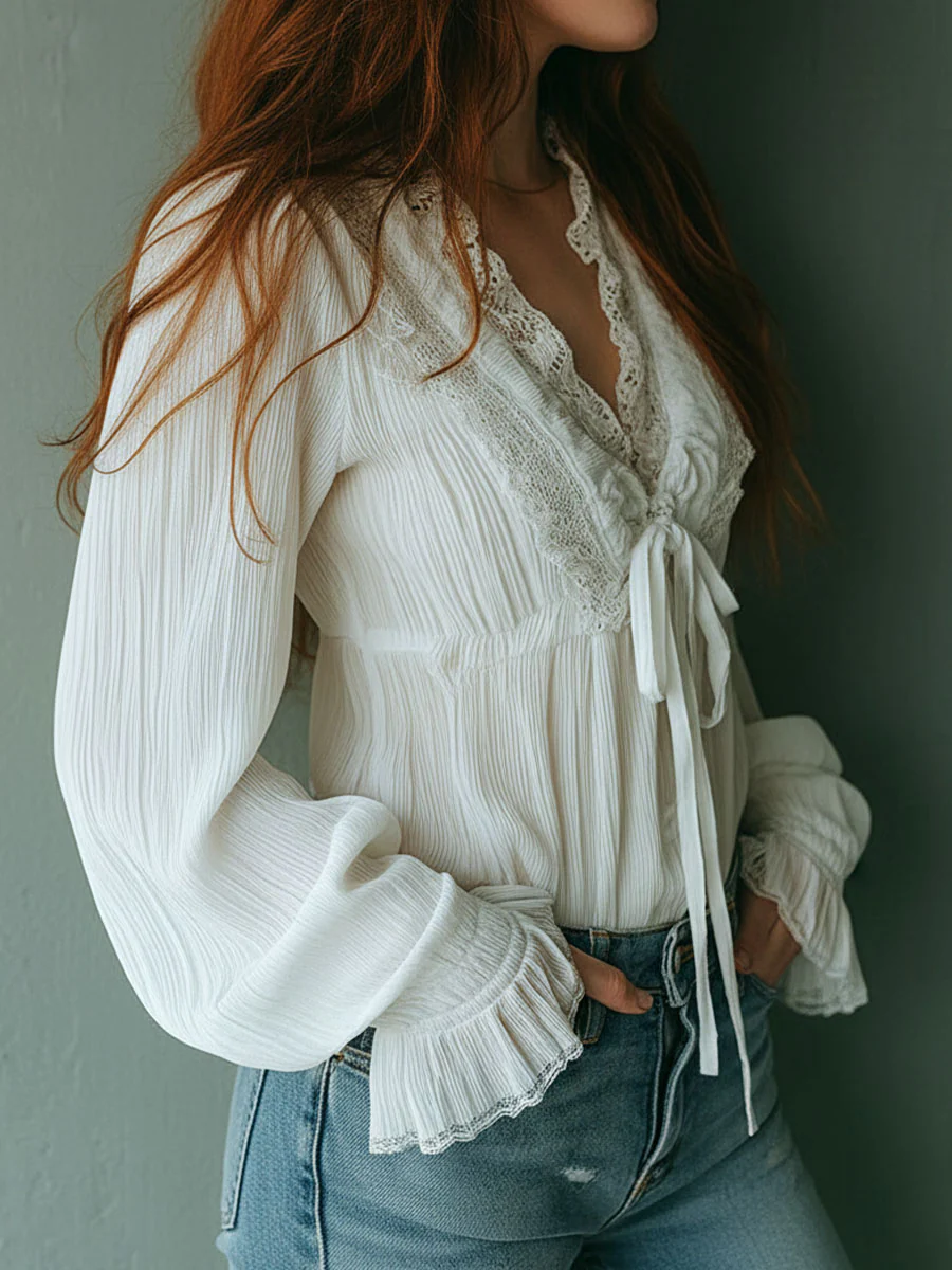 Boho Ruffled V-Neck White Pleated Lace Tie-Front Blouse - Image 3