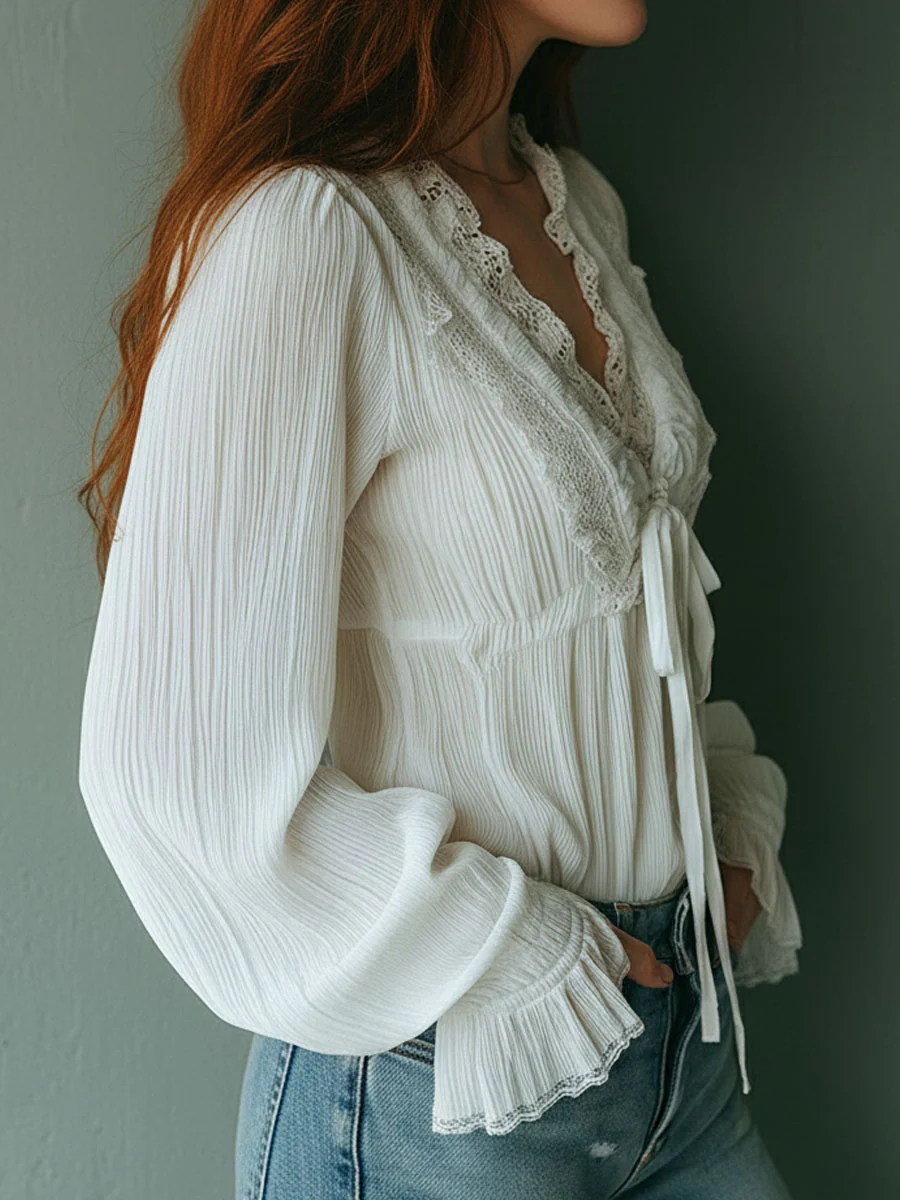 Boho Ruffled V-Neck White Pleated Lace Tie-Front Blouse - Image 4