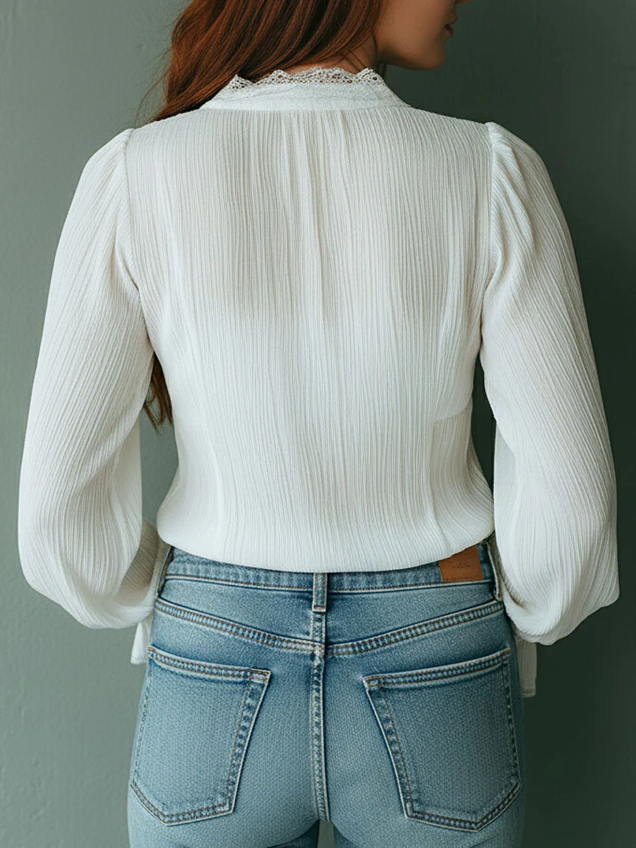 Boho Ruffled V-Neck White Pleated Lace Tie-Front Blouse - Image 5