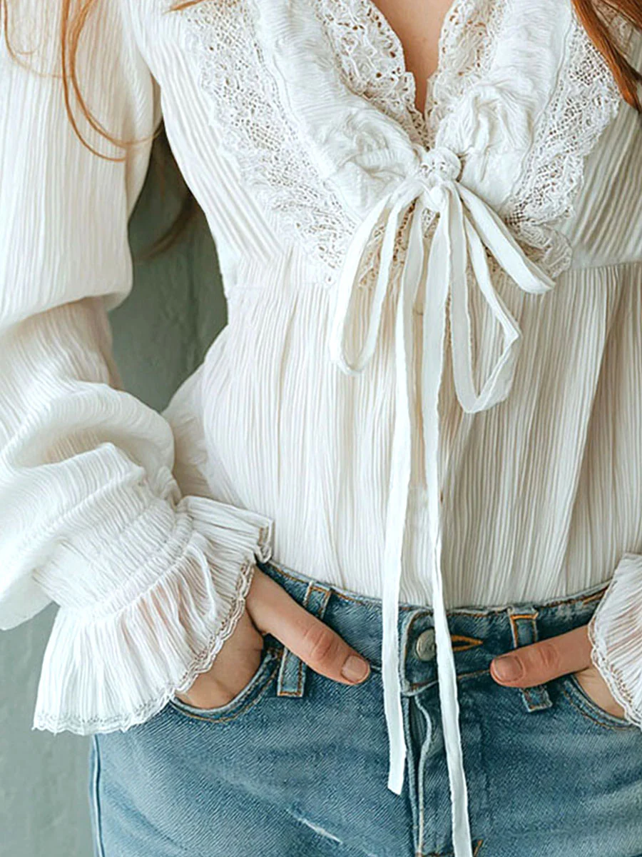 Boho Ruffled V-Neck White Pleated Lace Tie-Front Blouse - Image 7