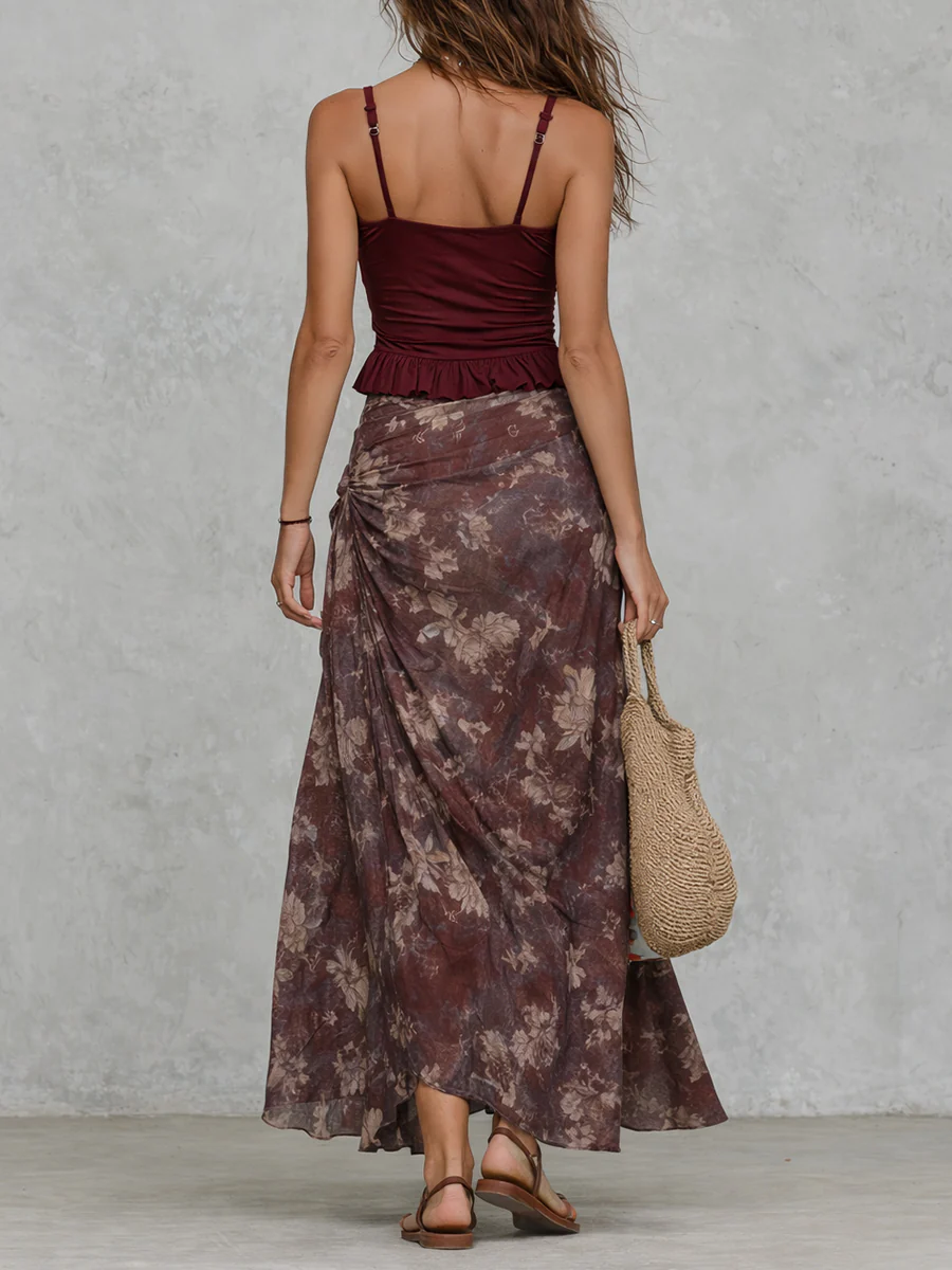 Boho Ruffled Vest & Oil-Painting Floral High-Slit Skirt Set - Image 3