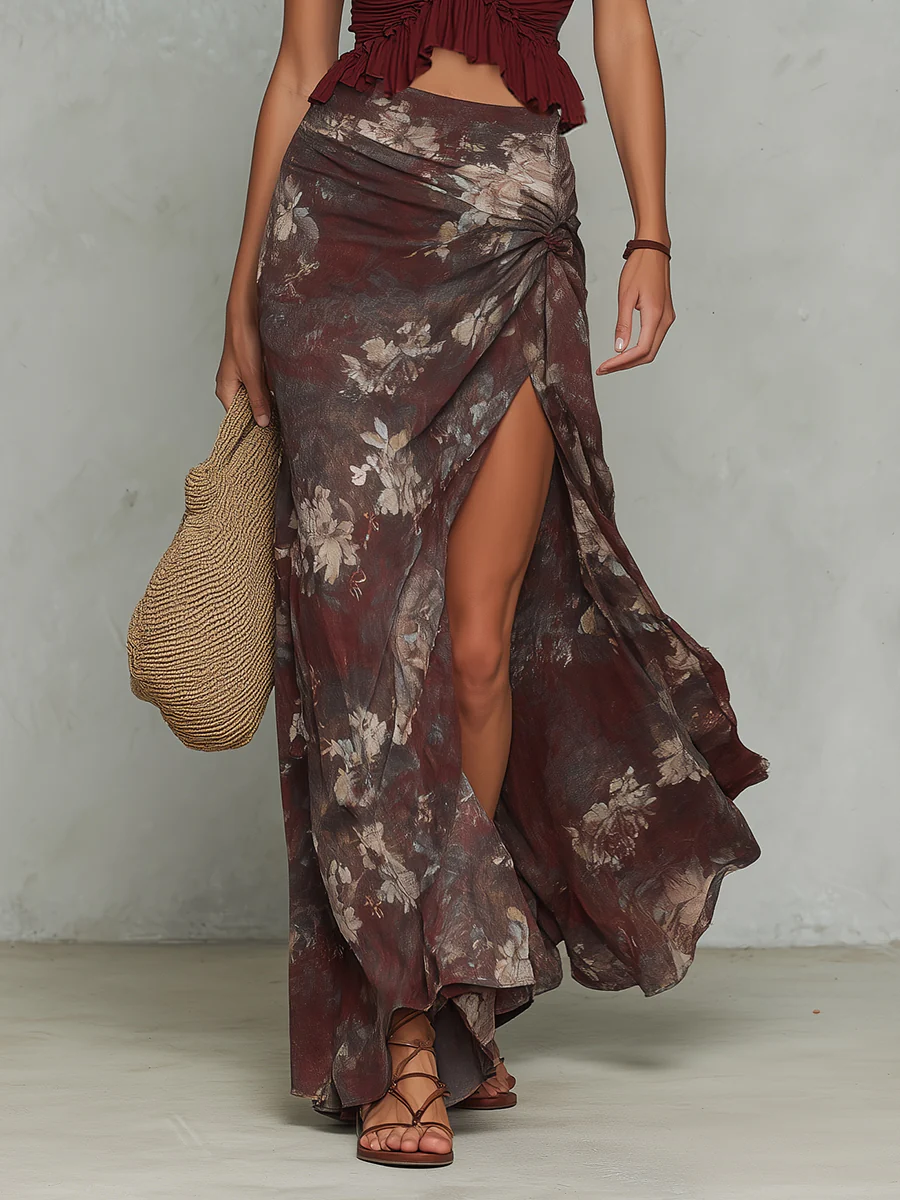 Boho Ruffled Vest & Oil-Painting Floral High-Slit Skirt Set - Image 5