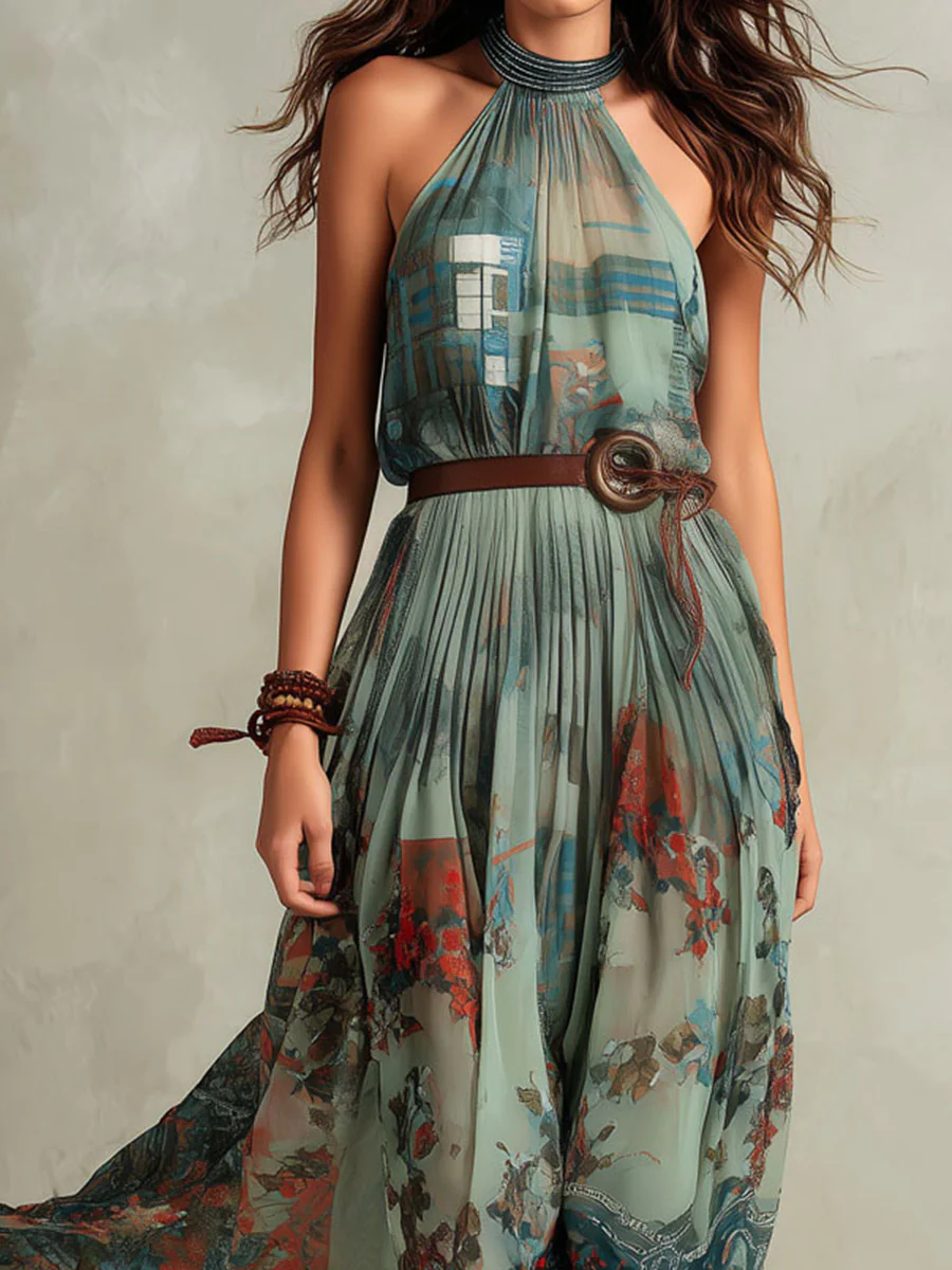 Boho Sage Green Halter Neck Chiffon Maxi Dress - Image 2