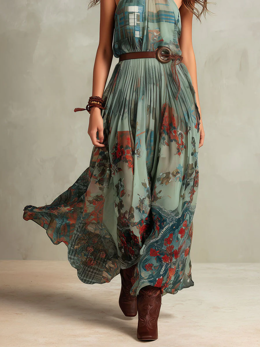 Boho Sage Green Halter Neck Chiffon Maxi Dress - Image 3