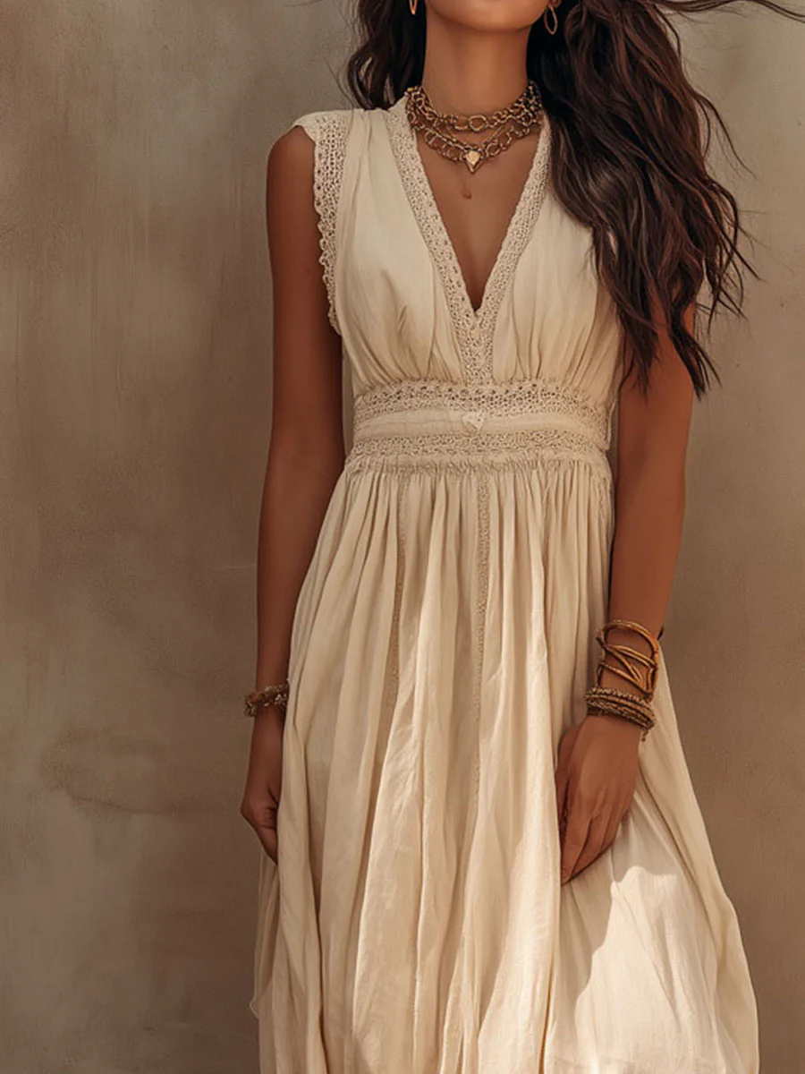 Boho Sandstone Ivory Lace-Trim Maxi Dress - Image 3