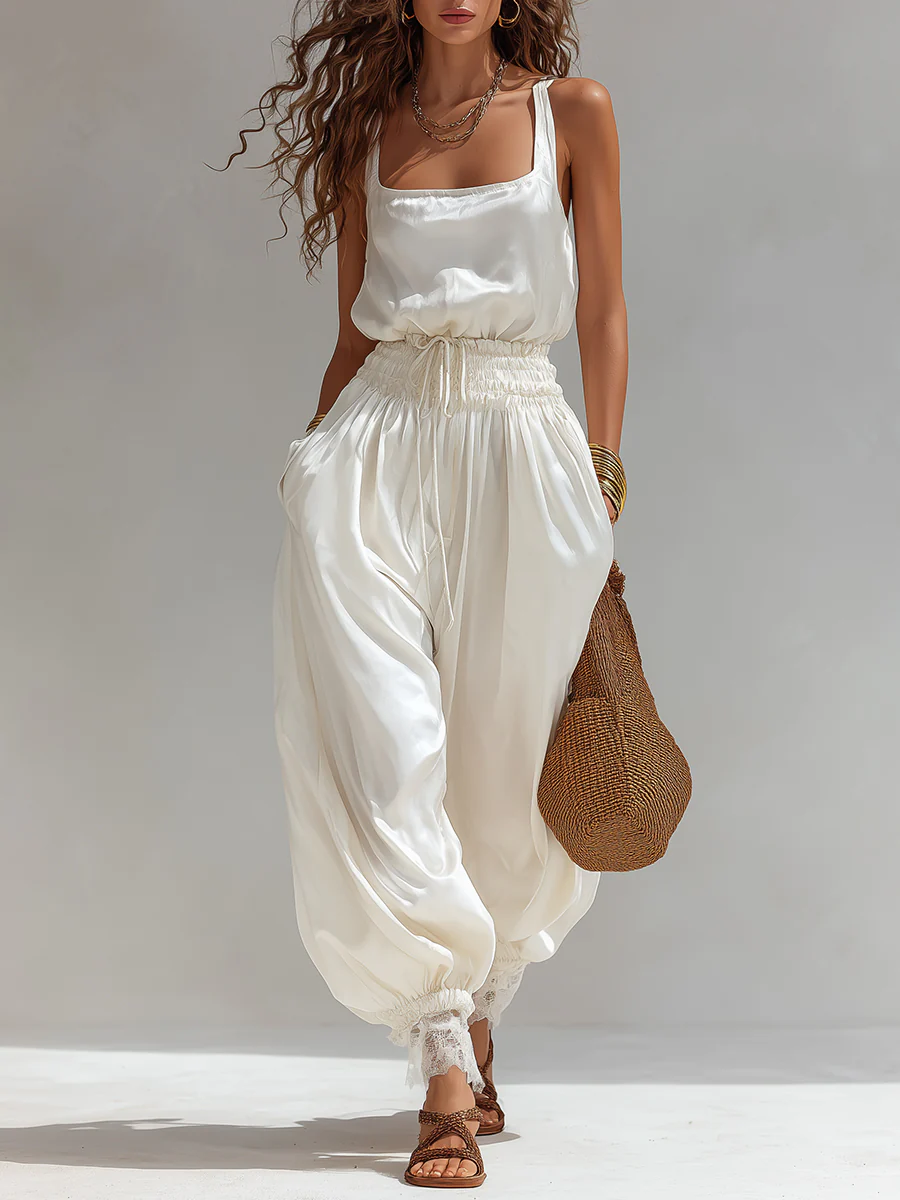 Boho Satin Top & Lace-Trimmed Balloon Pants Set