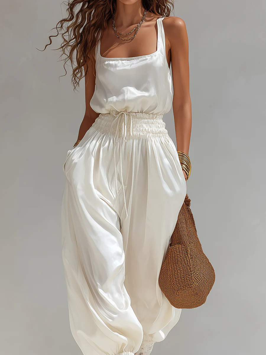 Boho Satin Top & Lace-Trimmed Balloon Pants Set - Image 2