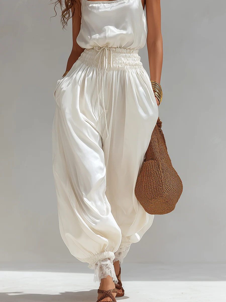 Boho Satin Top & Lace-Trimmed Balloon Pants Set - Image 3