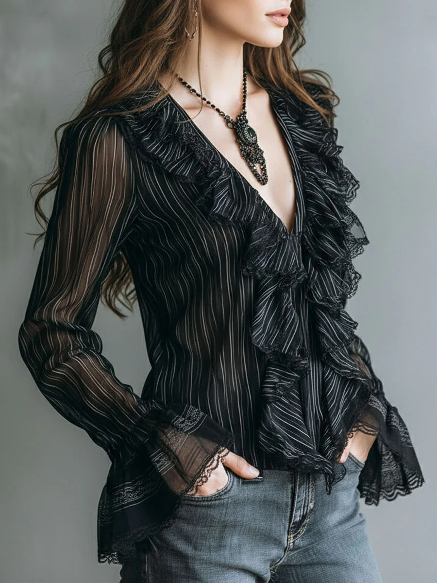 Boho Sheer Black Striped Lace-Trim Ruffle Blouse - Image 4