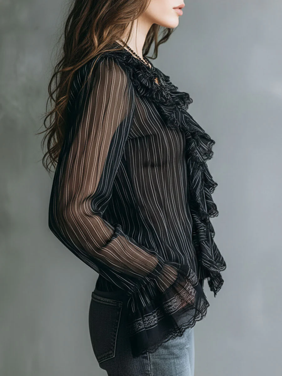 Boho Sheer Black Striped Lace-Trim Ruffle Blouse - Image 5