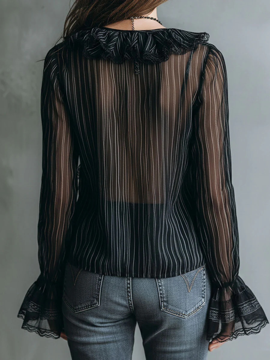 Boho Sheer Black Striped Lace-Trim Ruffle Blouse - Image 6