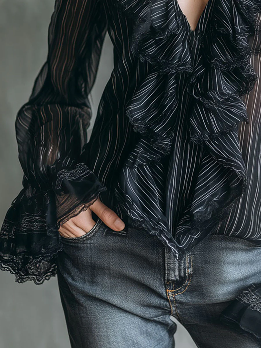 Boho Sheer Black Striped Lace-Trim Ruffle Blouse - Image 8