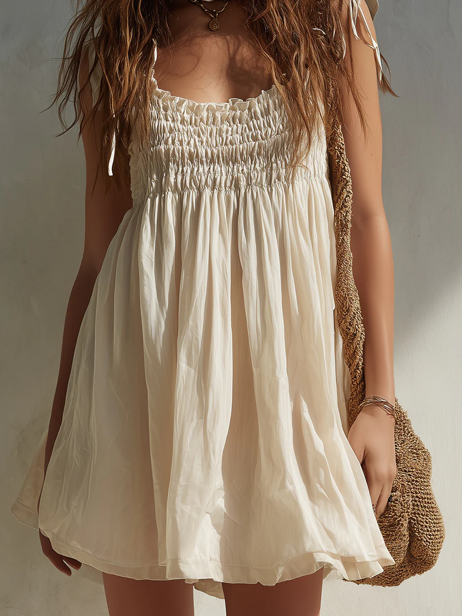 Boho Shirred Mini Dress With Shoulder Ties - Image 2