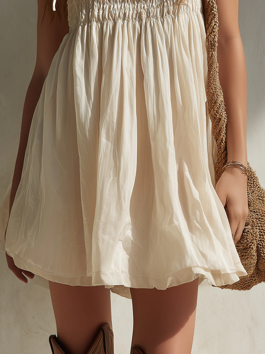 Boho Shirred Mini Dress With Shoulder Ties - Image 3