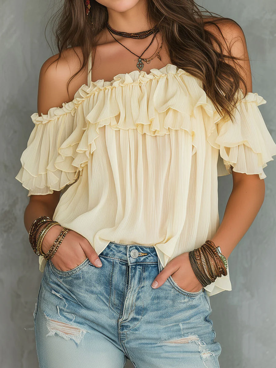 Boho Soft Yellow Cold-Shoulder Ruffled Chiffon Blouse - Image 2