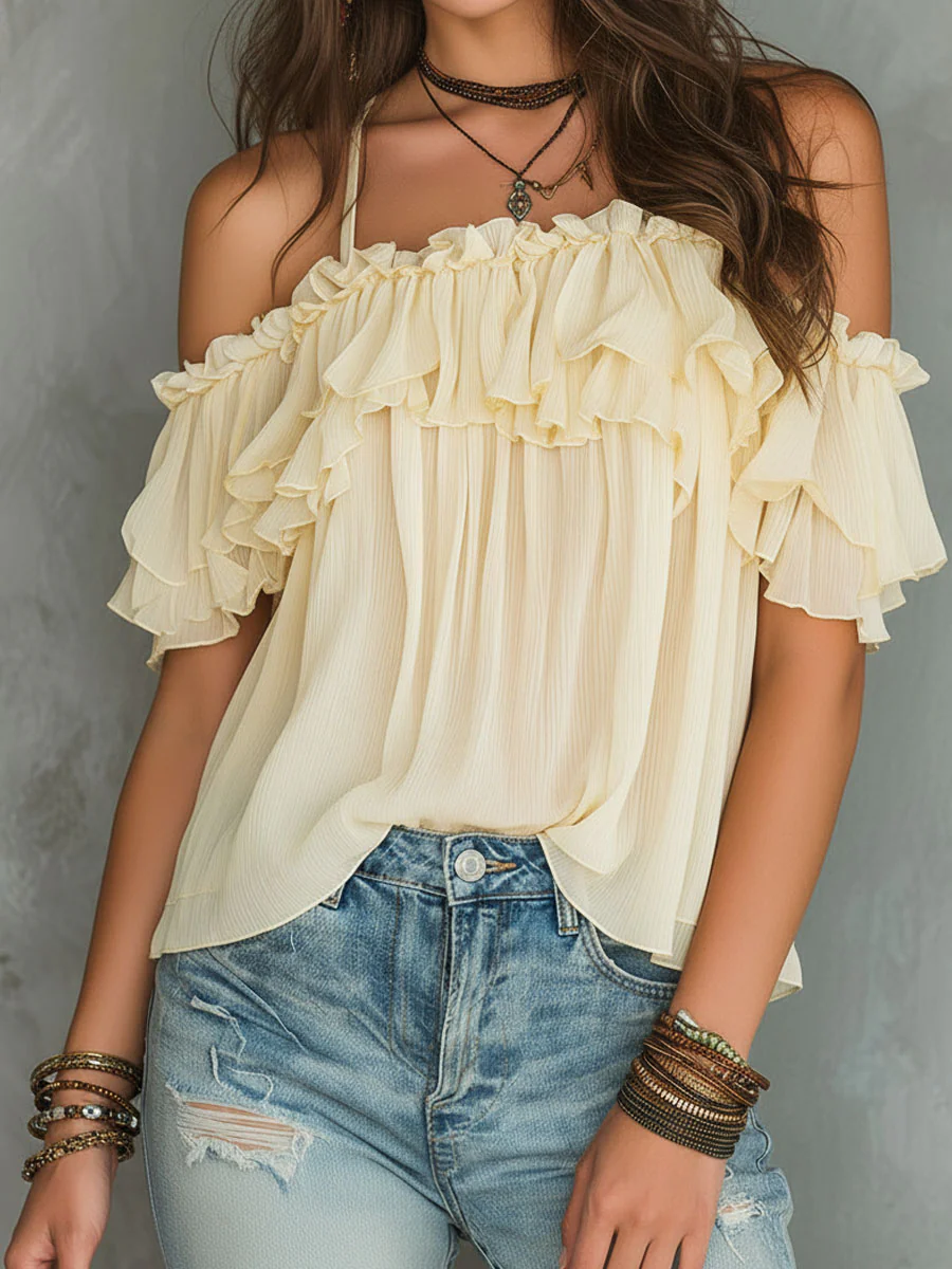 Boho Soft Yellow Cold-Shoulder Ruffled Chiffon Blouse - Image 3