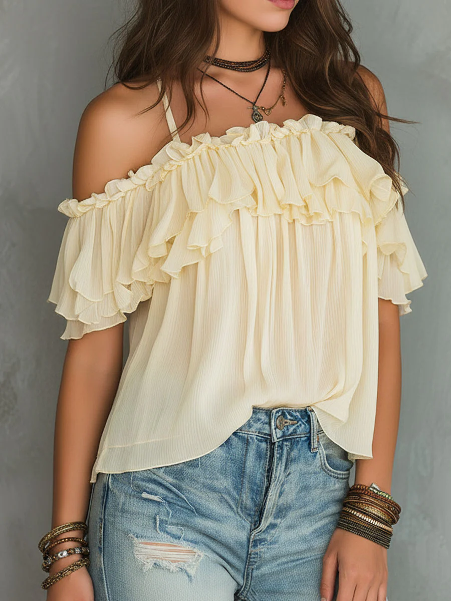 Boho Soft Yellow Cold-Shoulder Ruffled Chiffon Blouse - Image 4