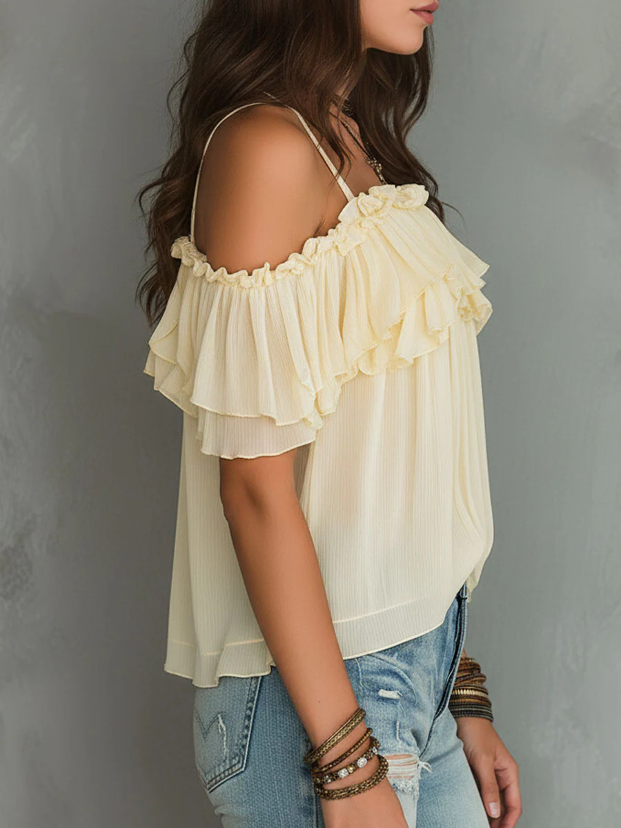 Boho Soft Yellow Cold-Shoulder Ruffled Chiffon Blouse - Image 5