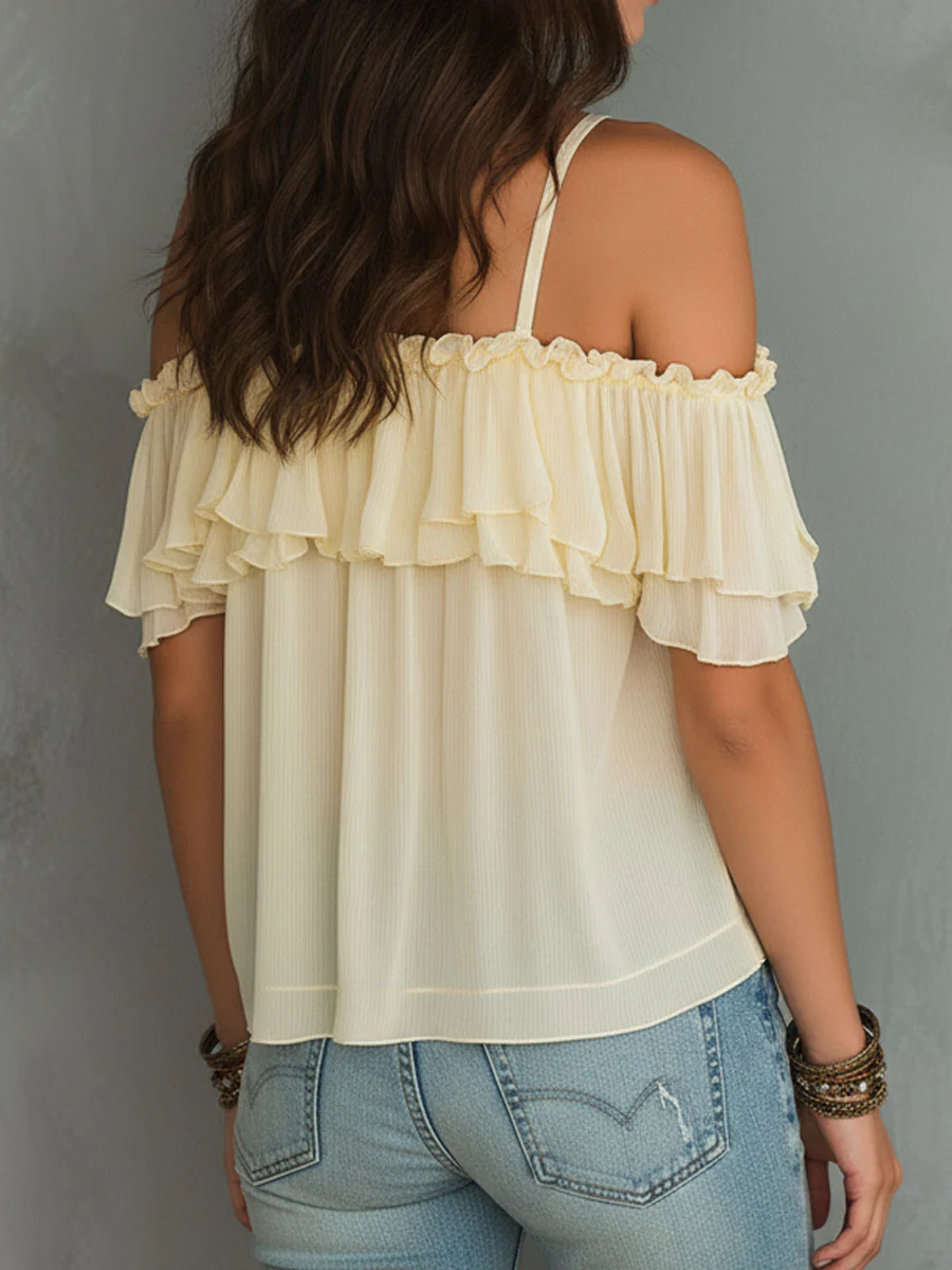 Boho Soft Yellow Cold-Shoulder Ruffled Chiffon Blouse - Image 6