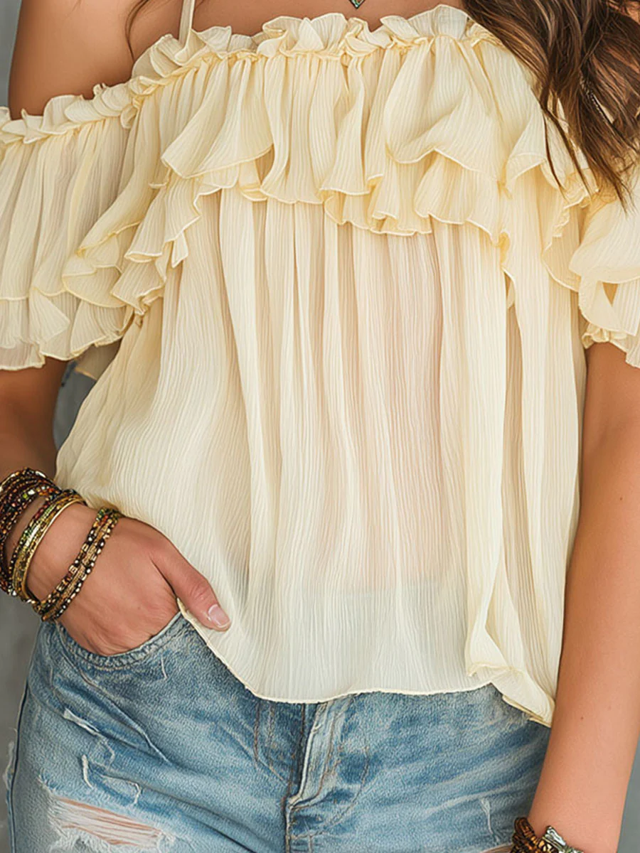 Boho Soft Yellow Cold-Shoulder Ruffled Chiffon Blouse - Image 7