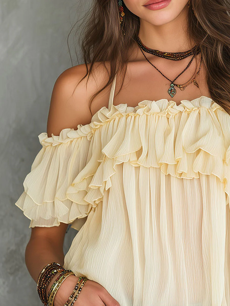 Boho Soft Yellow Cold-Shoulder Ruffled Chiffon Blouse - Image 8