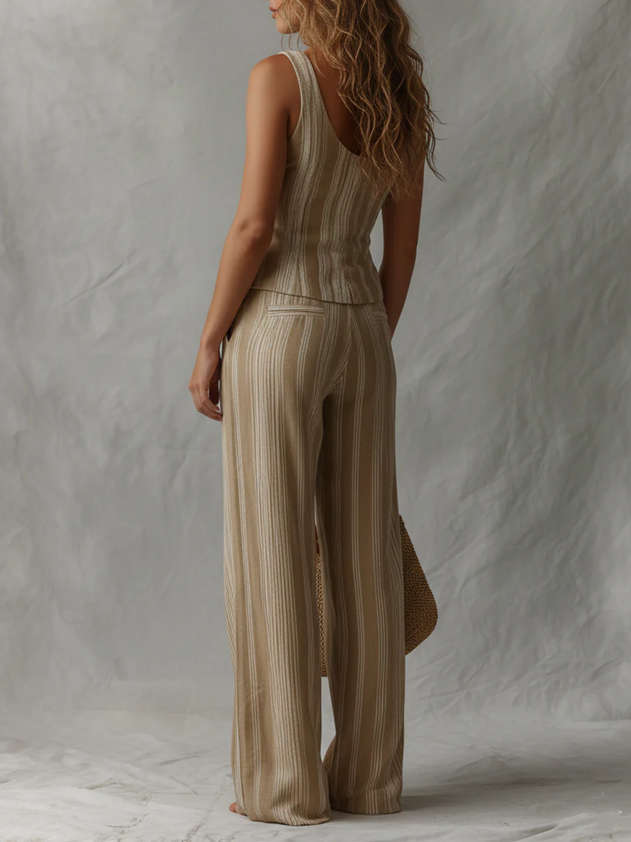 Boho Striped Pintuck Tank Top & Wide-Leg Pants Set - Image 3