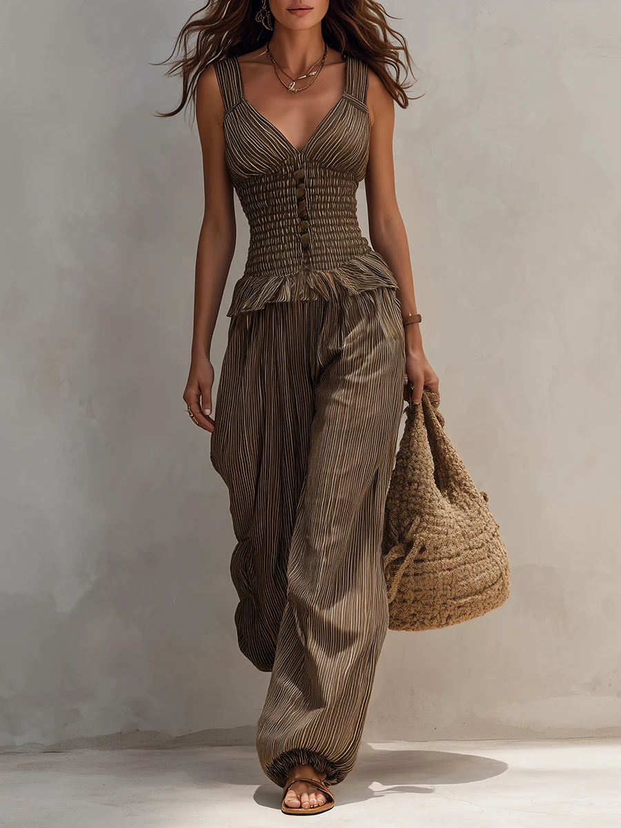 Boho Striped Shirred Top & Balloon Pants Set